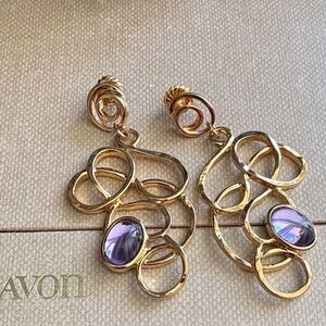 Vintage Avon 90s Golden Web Lacy GoldPlatedFaux Amethyst Statement Earrings 177